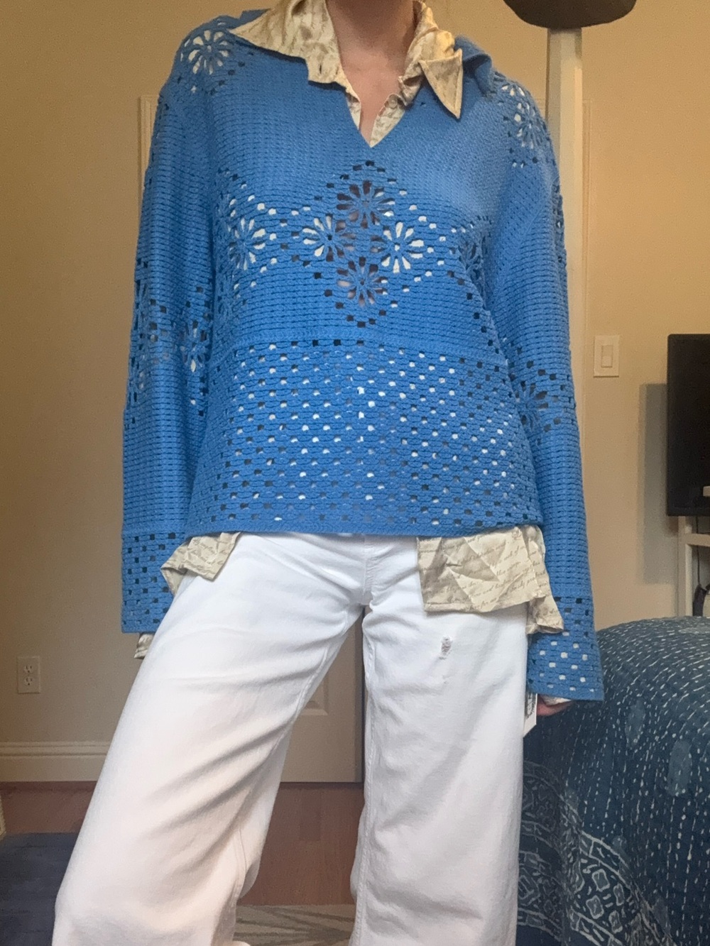 Rails Open-Knit Crochet Pullover Hoodie in Bright Blue